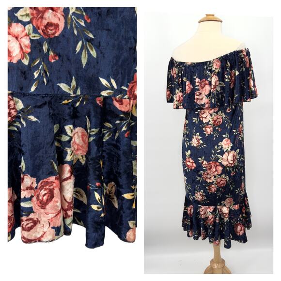 LuLaRoe Cici Crushed Velvet Midi Dress Sz M Navy Floral Off Shoulder Ruffle NWT - Picture 6 of 15